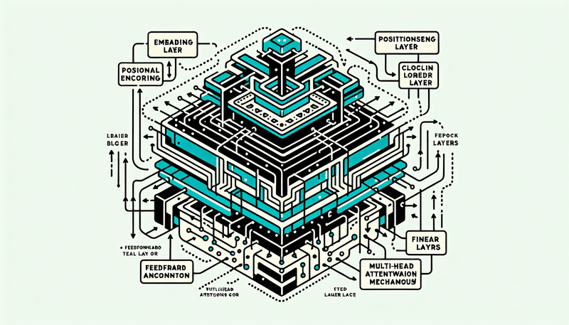 An illustrated diagram of a Transformer model architecture, showing its key components such as the embedding layer, positional encoding, multi-head attention, feedforward layers, and the final linear layer. The diagram should highlight the flow of data through these components.
